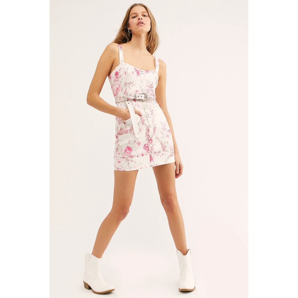 Free People For Love & Lemons Weston Denim Mini Dress Sz S Floral Pink Western